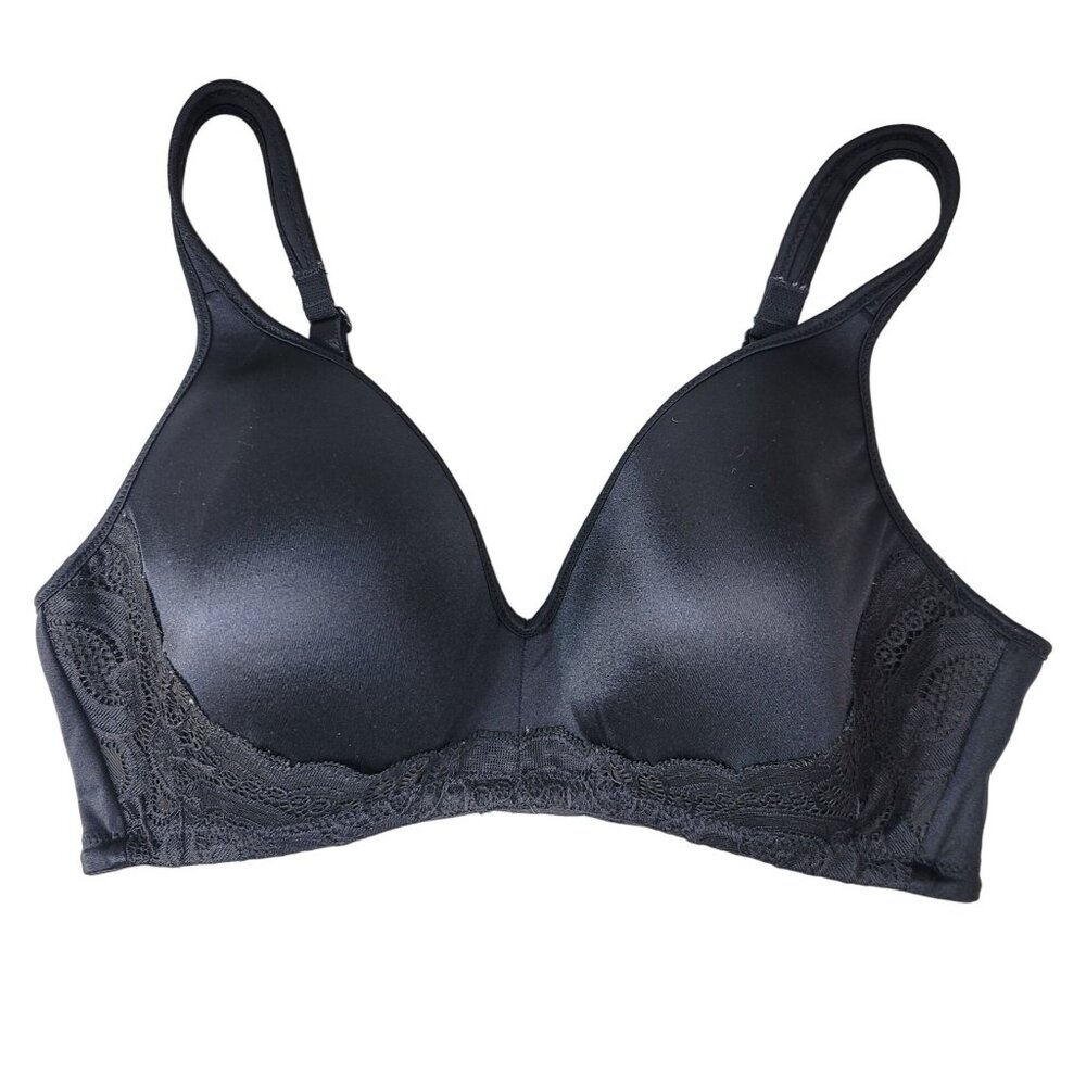 Playtex Satin Wireless Bra Black 36D Lace Trim Wire Free Adj Seamless #0118BR